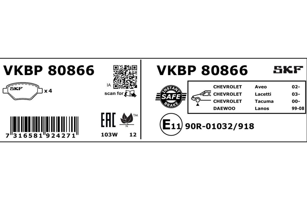 Jogo de 4 pastilhas de travão SKF ref. VKBP 80866